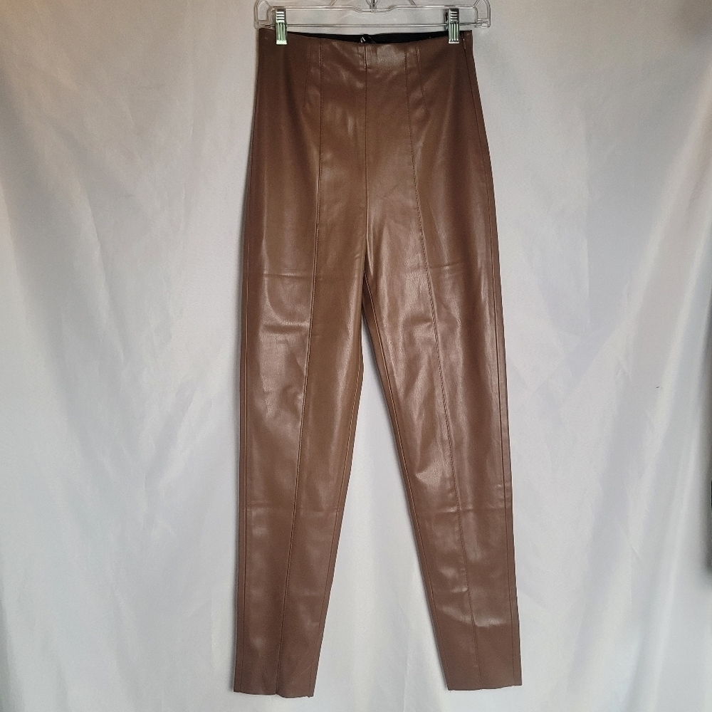 Zara Faux Vegan Leather High Rise Chocolate Brown Leggings Women's Size Small